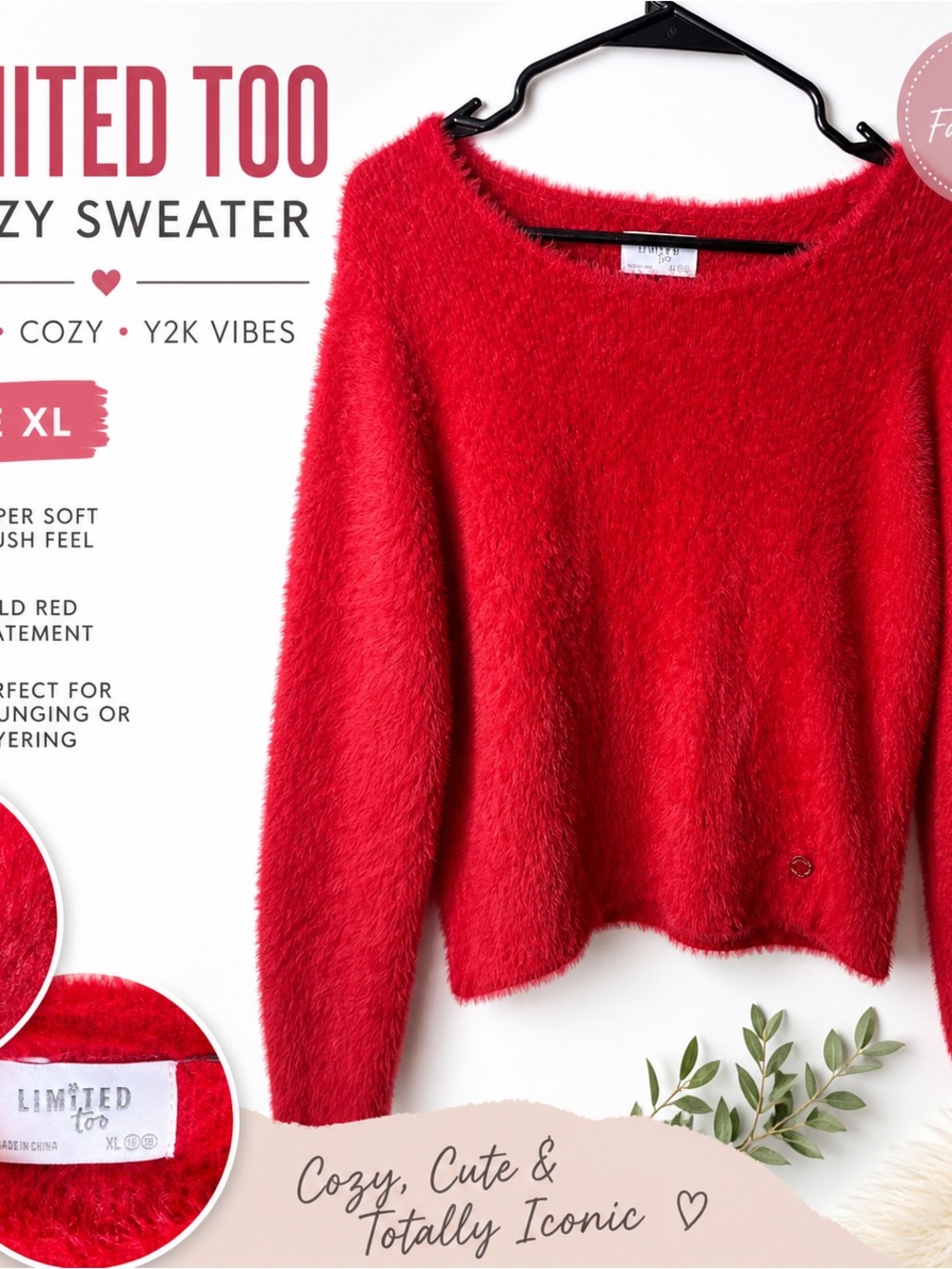 Limited Too Bold Red Fuzzy Scoop Neck Sweater